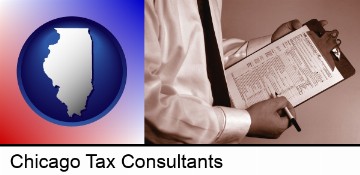 a tax consultant holding an IRS form 1040 in Chicago, IL