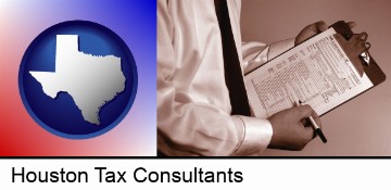 a tax consultant holding an IRS form 1040 in Houston, TX