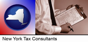 a tax consultant holding an IRS form 1040 in New York, NY