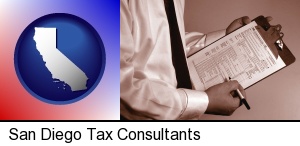 a tax consultant holding an IRS form 1040 in San Diego, CA