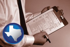 texas map icon and a tax consultant holding an IRS form 1040